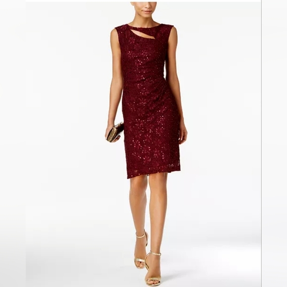 connected apparel Dresses & Skirts - Connected Apparel Bordeaux Red Sleeveless Lace Sequin Sheath Dress 12